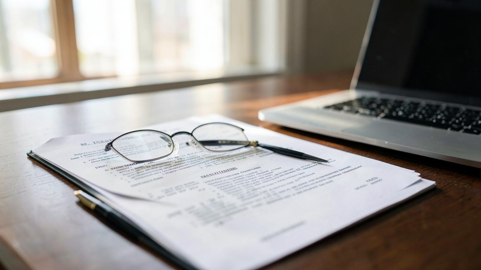 Documents and reading glasses on a desk
