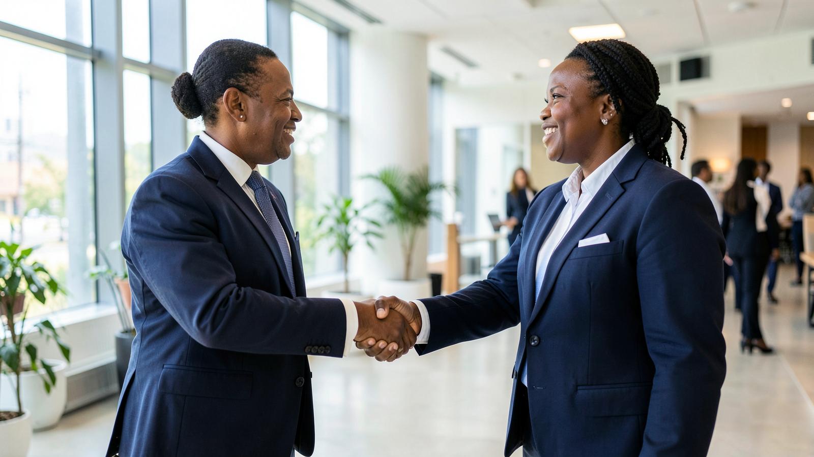 Two business leaders shaking hands after a partnership agreement